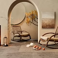 Cozy Wooden Rocking Chairs With Cushions In Room With Arched Doorway Decorative Painting And Plants