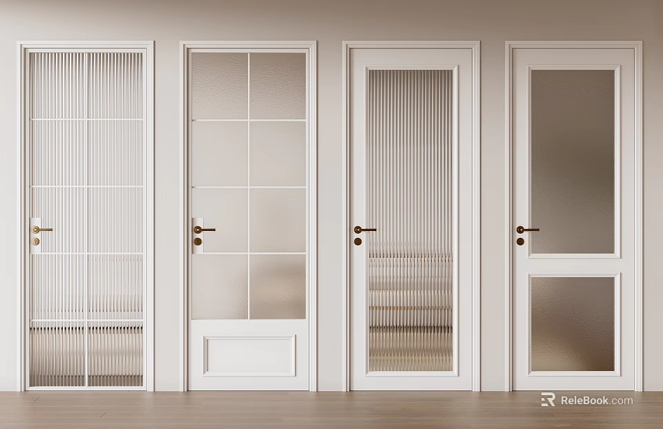 White Stylish Hinged Doors With Different Glass Patterns And Gold Handles 3d model 