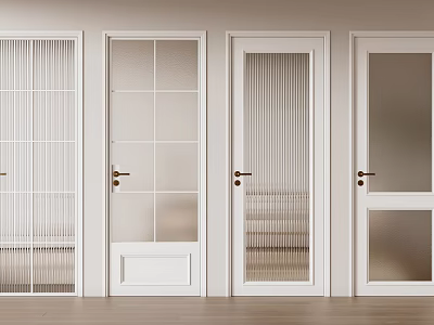 White Stylish Hinged Doors With Different Glass Patterns And Gold Handles 3d model