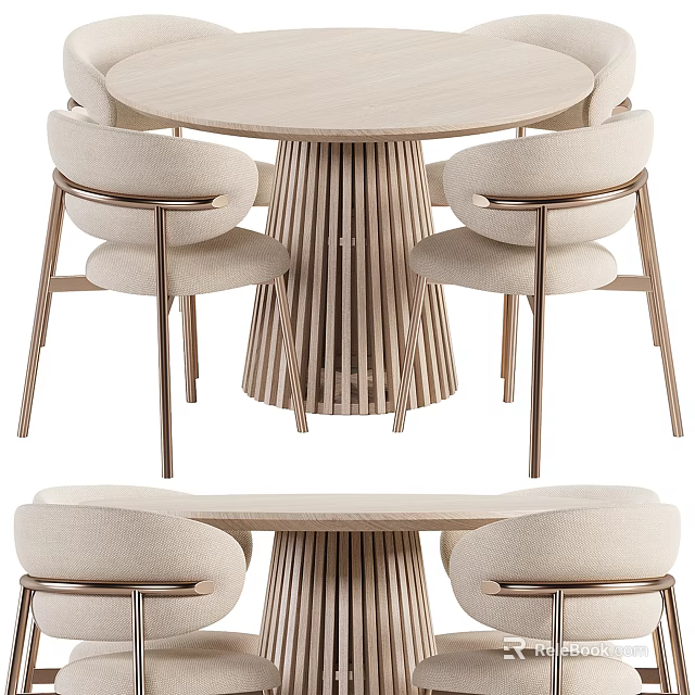 Modern Round Dining Table Set With Upholstered Chairs And Slatted Wooden Base 3d model 