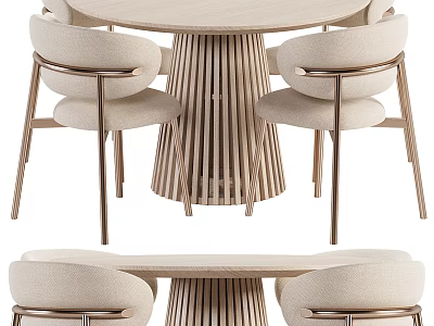 Modern Round Dining Table Set With Upholstered Chairs And Slatted Wooden Base 3d model