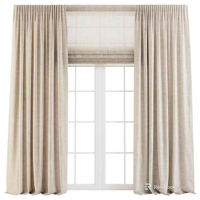 Beige Linen Curtains With Sheer Roller Blind And Window Panels For Home Decor 3d model 