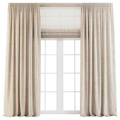 Beige Linen Curtains With Sheer Roller Blind And Window Panels For Home Decor 3d model