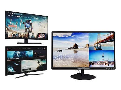 High Quality Computer Monitors Showing Movie Clips Scenic Views And Urban Landscapes 3d model