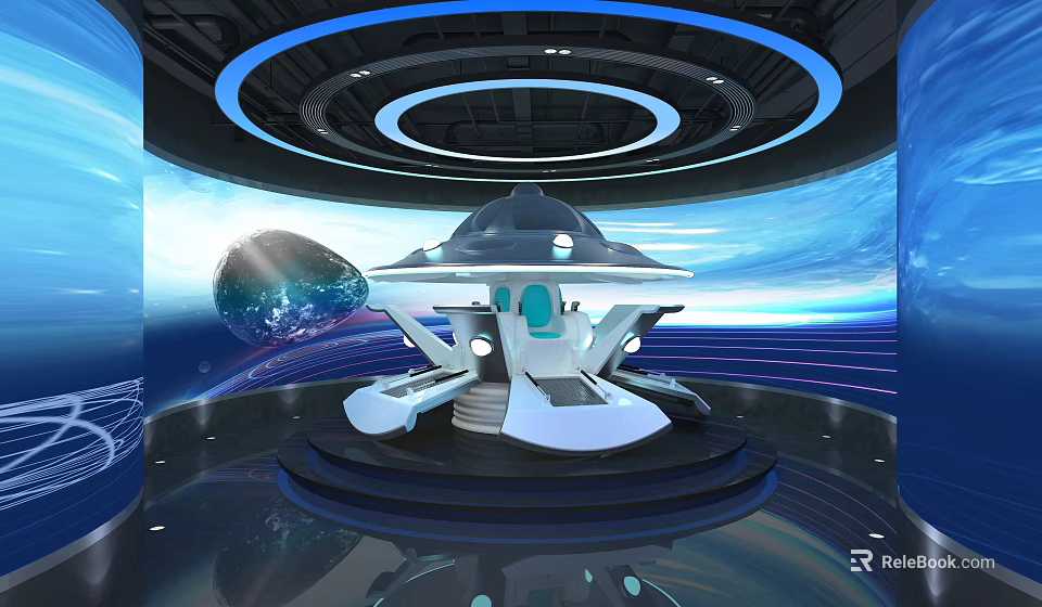 Futuristic Amusement Equipment With Circular Structure Blue Lighting And Space Themed Background 3d model 