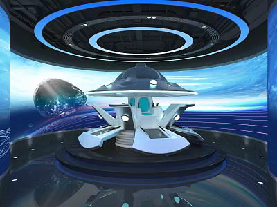 Futuristic Amusement Equipment With Circular Structure Blue Lighting And Space Themed Background 3d model