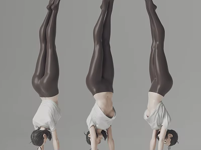 Three Artistic Sculptures of Women Doing Handstands in White Tops and Dark Leggings 3d model