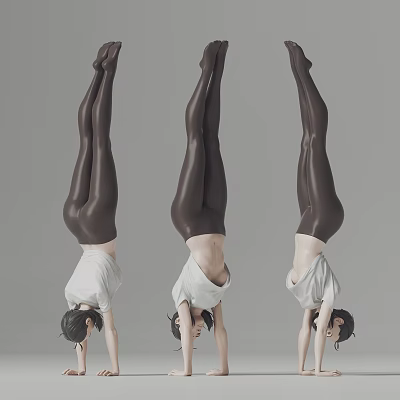 Three Artistic Sculptures of Women Doing Handstands in White Tops and Dark Leggings 3d model