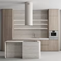Kitchen With Wooden Cabinets Island White Range Hood Light Stone Backsplash And Built In Oven