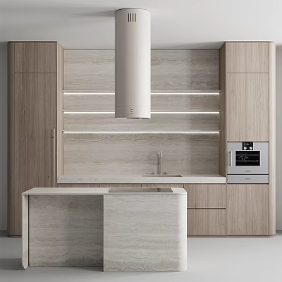 Kitchen With Wooden Cabinets Island White Range Hood Light Stone Backsplash And Built In Oven 3d model