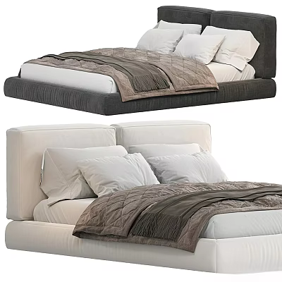 Modern Double Bed Design With Upholstered Headboard Brown Quilted Blanket White Pillows And Sheets 3d model