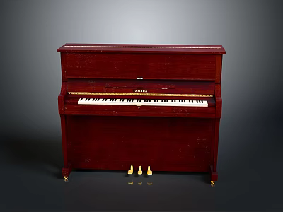 Vintage Red Wooden Upright Piano With White Keys And Golden Accents 3d model