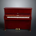 Vintage Red Wooden Upright Piano With White Keys And Golden Accents