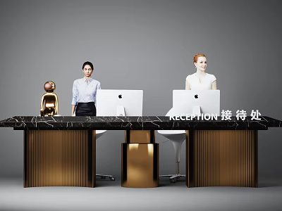 Modern Reception Desk With Black Marble Countertop Gold Cabinets Laptops Receptionists And Golden Decor 3d model