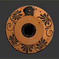 Ancient Greek Vase Sculpture with Intricate Carved Figures and Decorative Patterns in Orange and Black