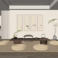 Japanese Style Tea Room With Low Wooden Table Floor Cushions And Ink Painting Scrolls