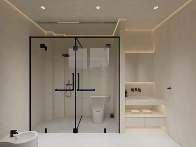 Modern Minimalist Bathroom Interior With Glass Shower Enclosure Toilet Sink Recessed Lighting And Storage Cabinets 3d model