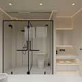 Modern Minimalist Bathroom Interior With Glass Shower Enclosure Toilet Sink Recessed Lighting And Storage Cabinets