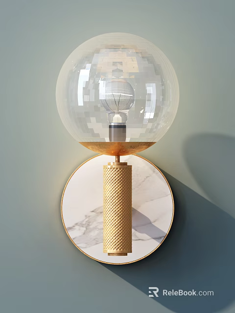 Modern Luxury Wall Lamp with Transparent Spherical Lampshade Gold Textured Column and Marble Decorative Plate 3d model 