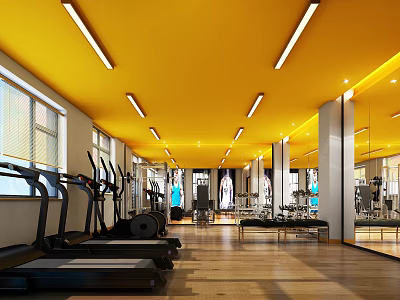 Spacious Bright Gym Interior With Yellow Ceiling Strip Lights Treadmills And Large Mirrors 3d model