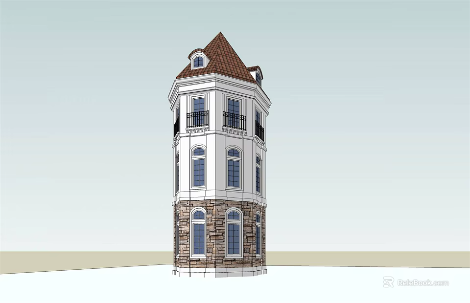 European Style Tower With Red Roof Balcony Multiple Windows And Stone Base 3d model 