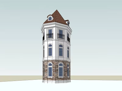 European Style Tower With Red Roof Balcony Multiple Windows And Stone Base 3d model