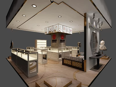 Elegant Modern Clothing Store Interior With Display Cabinets Mannequins And Decorative Lighting 3d model