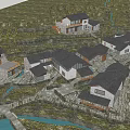 Aerial Planning of Traditional Style Buildings Amidst Lush Trees and Natural Landscape Layout Design