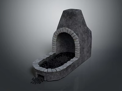 Traditional Stone Oven With Arched Opening Brick Lining And Charcoal Inside 3d model