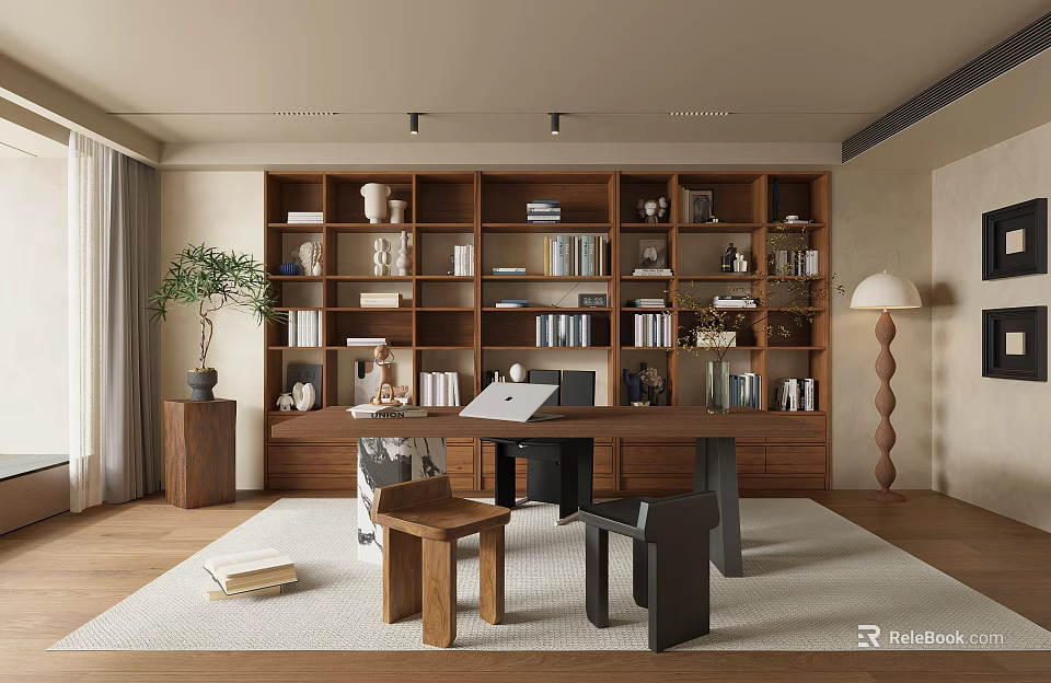 Modern Wooden Study Room Interior With Bookshelves Desk Laptop Floor Lamp And Plant 3d model 