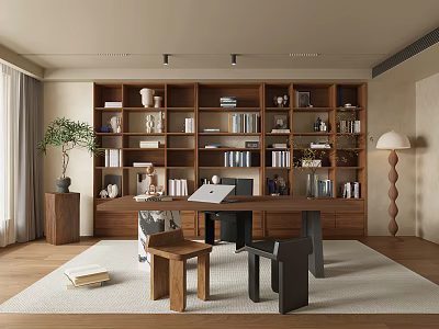 Modern Wooden Study Room Interior With Bookshelves Desk Laptop Floor Lamp And Plant 3d model