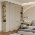 Modern Paneled Wardrobe Interior With Neutral Tones Dressing Table Mirror Shelves And Decorative Drawers