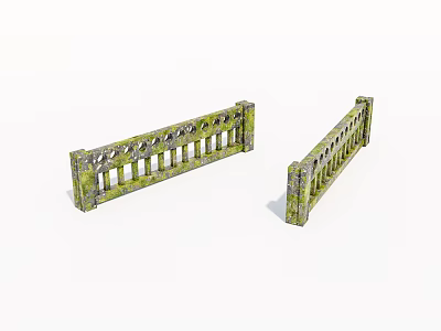 Two Mossy Stone Railings With Vertical Balusters And Decorative Holes 3d model