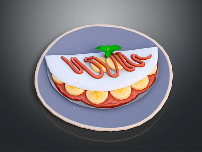 Fresh Crepe With Banana Slices Red Sauce Whipped Cream And Mint On Blue Plate 3d model
