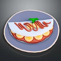 Fresh Crepe With Banana Slices Red Sauce Whipped Cream And Mint On Blue Plate