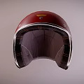 Red Retro Helmet Featuring Metal Trim And Brown Interior Lining Design