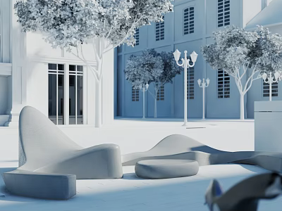 Modern Outdoor Chairs In Stylish Urban Outdoor Area With Trees 3d model