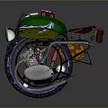 Green Motorcycle with Red Seat Vintage Design Headlight Engine Details and Blue Accent Wheels