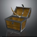 Vintage Open Wooden Chest With Curved Sword Inside And Metal Edges