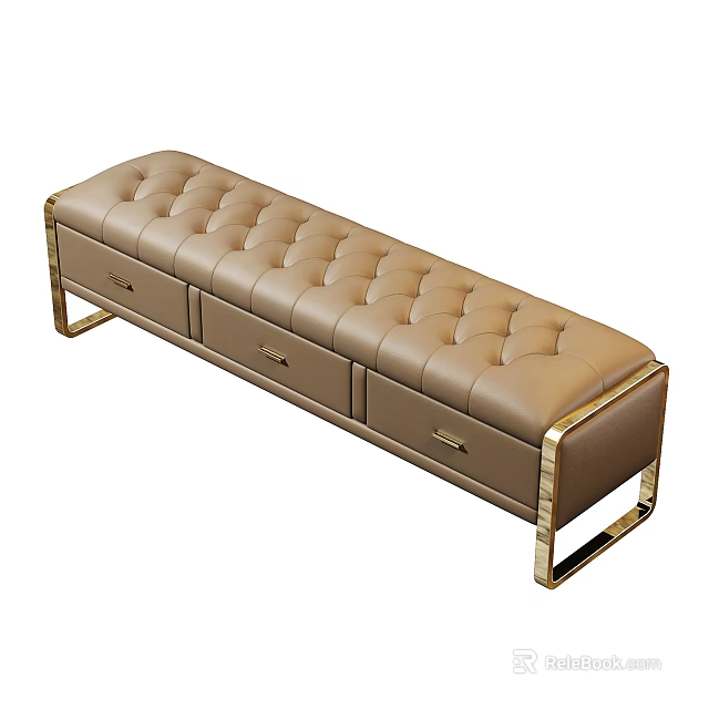 Beige Leather Tufted Ottoman Bench With Storage Drawers And Gold Metal Legs 3d model 