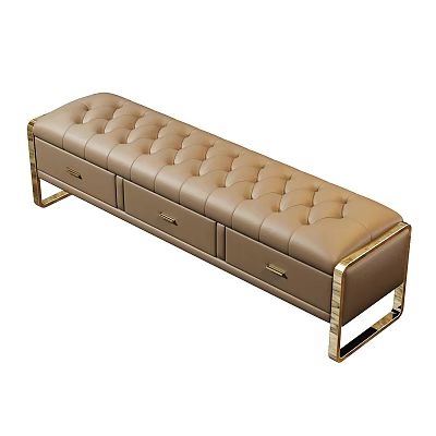 Beige Leather Tufted Ottoman Bench With Storage Drawers And Gold Metal Legs 3d model