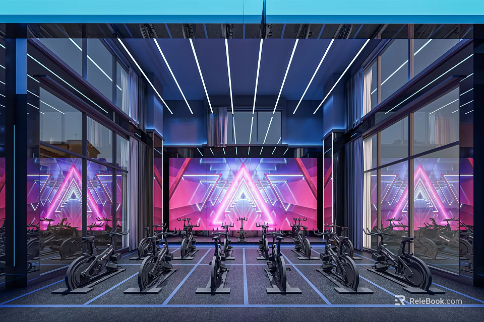 Modern Fitness Gym Interior With Spin Bikes Neon Lights And Large Windows 3d model 