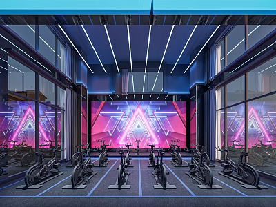 Modern Fitness Gym Interior With Spin Bikes Neon Lights And Large Windows 3d model