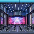 Modern Fitness Gym Interior With Spin Bikes Neon Lights And Large Windows