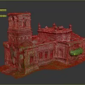 Ancient Ruined Red Brick Building Model Featuring Tower Arch Windows and Green Moss