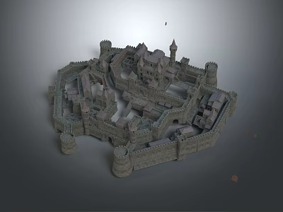 Detailed Cartoon Scene Of Medieval Castle With Towers Walls And Small Buildings 3d model