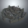 Detailed Cartoon Scene Of Medieval Castle With Towers Walls And Small Buildings