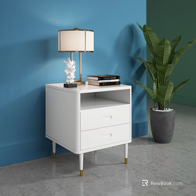 White Two-Drawer Nightstand With Gold Legs Table Lamp Books And Green Plant By Blue Wall 3d model 
