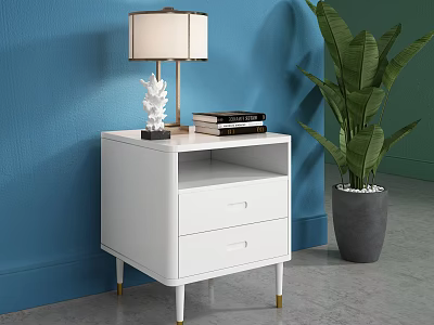 White Two-Drawer Nightstand With Gold Legs Table Lamp Books And Green Plant By Blue Wall 3d model