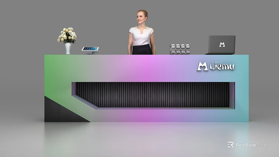 Modern Gradient Colored Reception Desk With Flower Vase Tablet Laptop Liemo Logo And Woman 3d model 